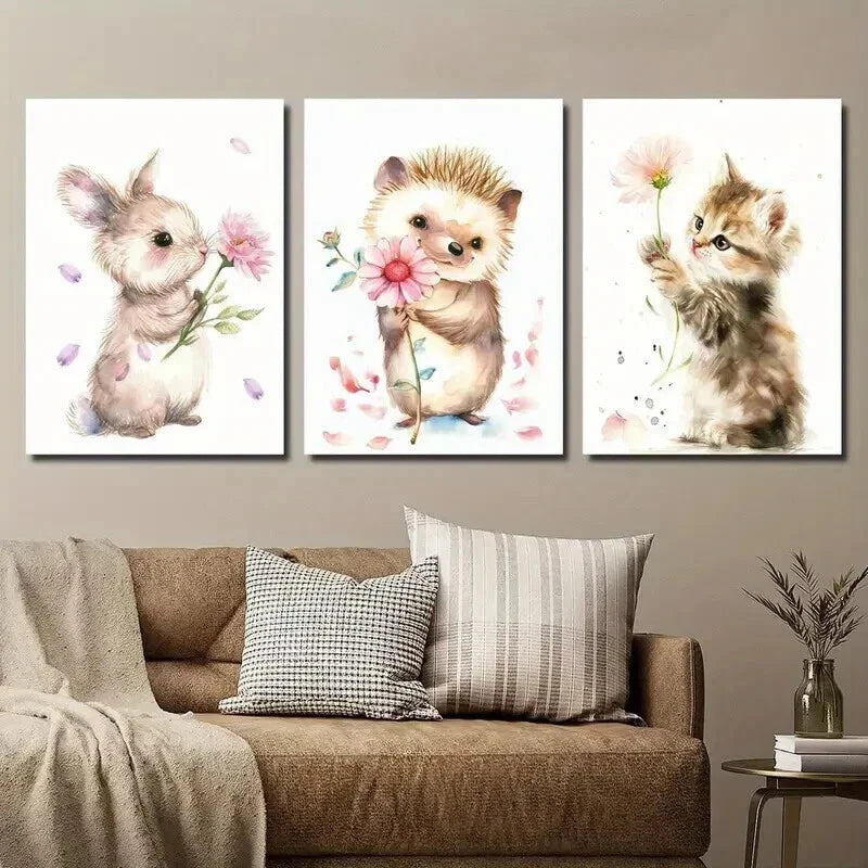 3pcs Rabbit Hedgehog Kitten Holding Flowers Wall Art Set Canvas Framed 40x60cm - High Quality Print 100% Australian Made Wall Canvas Ready to Hang