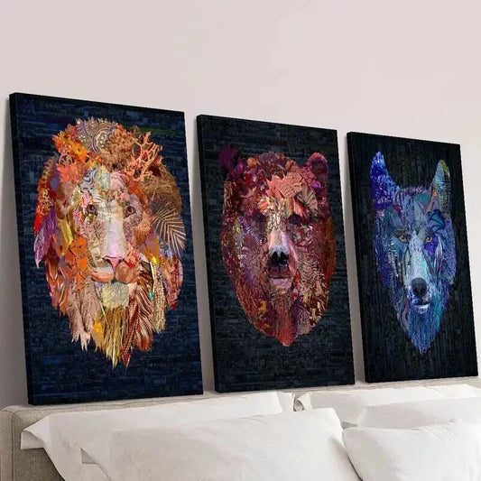 3pcs Vibrant Retro Lion Bear & Wolf Head Wall Art Set Canvas Framed 40x60cm - High Quality Print 100% Australian Made Wall Canvas Ready to Hang