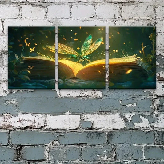 3pcs Dragonfly on Magic Book Painting Metal Print Ready to Hang Art
