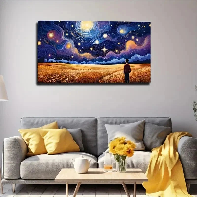 Dreamy Starry Night With Golden Wall Art Canvas Office Home Room Framed 80x45cm
