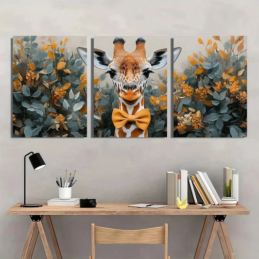 3pcs Elegant Giraffe Sophisticated Bow Tie Floral Metal Print Ready to Hang Art