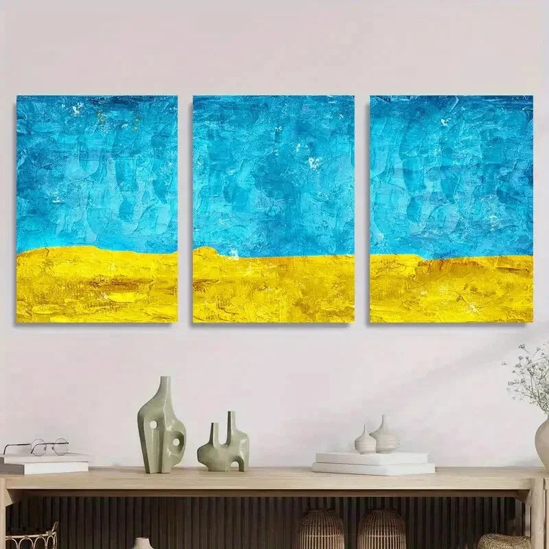 3pcs Blue and Yellow Abstract Minimalist Metal Print Ready to Hang Art