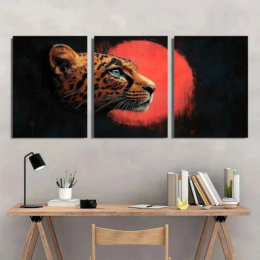 3pcs Vintage Jaguar Striking Red & Black Animal Metal Print Ready to Hang Art