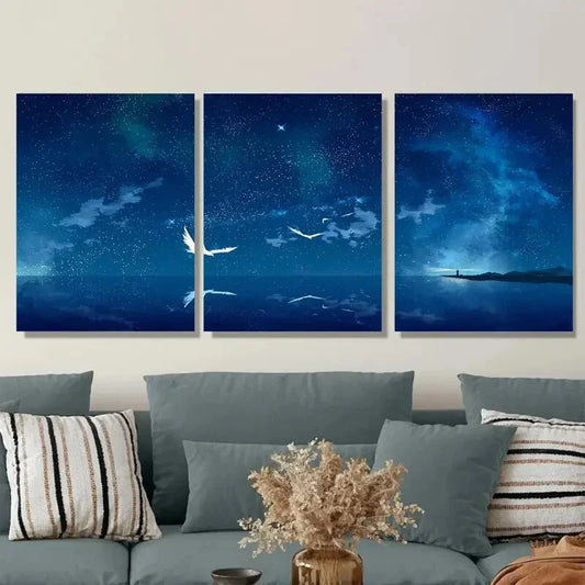 3pcs Starry Night Sky Blue & Purple Celestial Metal Print Ready to Hang Art