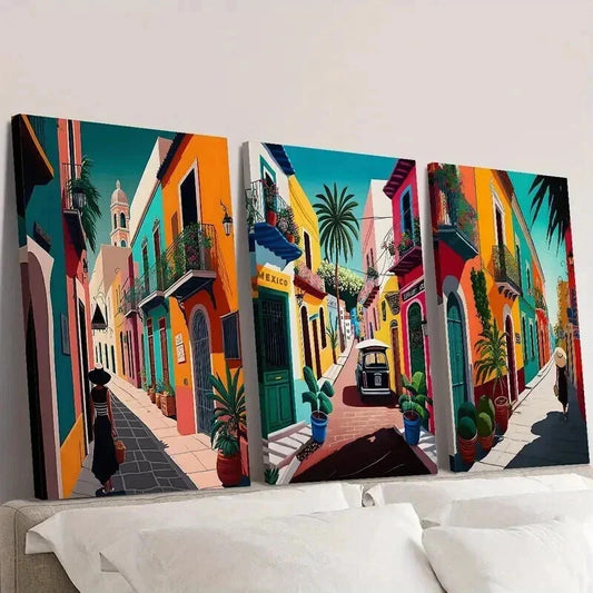 3pcs Colorful Retro Mexican Street Wall Art Set Canvas Framed 40x60cm - High Quality Print 100% Australian Made Wall Canvas Ready to Hang
