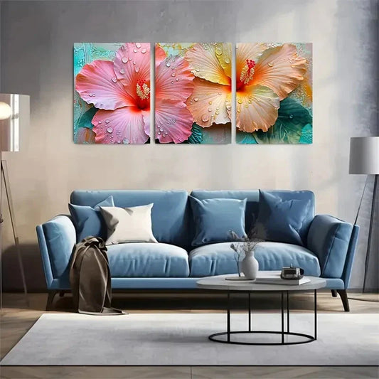 3pcs Dew Peach & Aqua Floral Modern Metal Print Ready to Hang Art