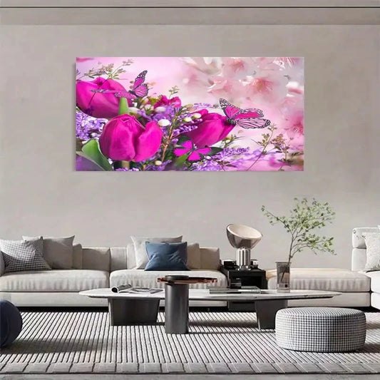 Floral Landscape Pink Roses Butterflies Wall Art Canvas Office Home Room Framed 80x45cm