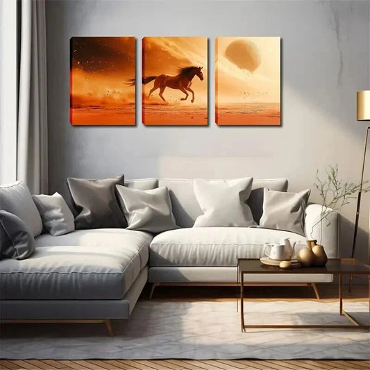 3pcs Horse Running on a Summer Themed Landscape Wall Art Set Canvas Framed 40x60cm - High Quality Print 100% Australian Made Wall Canvas Ready to Hang