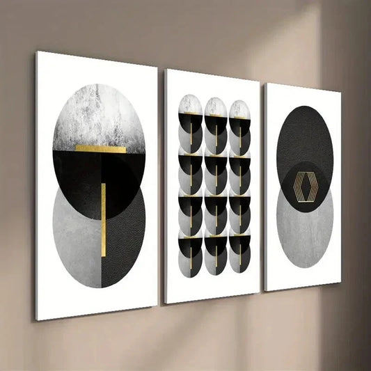 3pcs Black White Gray And Golden Shapes Wall Art Set Canvas Framed 40x60cm - High Quality Print 100% Australian Made Wall Canvas Ready to Hang