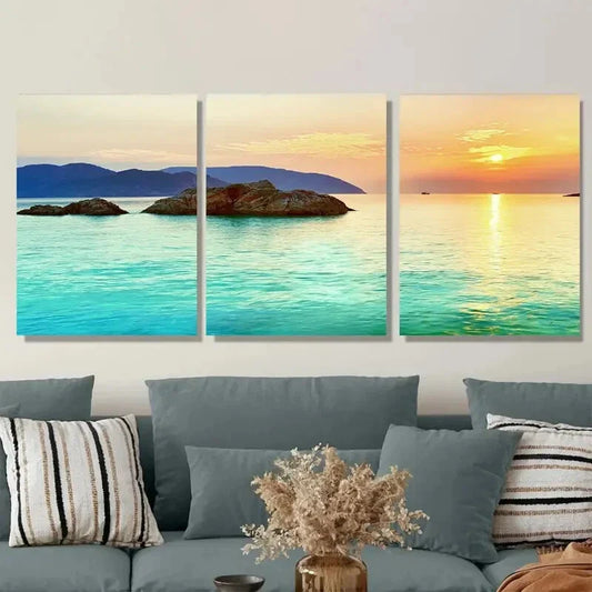 3pcs Sunset Ocean View Triptych Vibrant Seascape Metal Print Ready to Hang Art