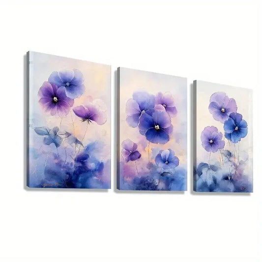 3pcs Pansies with Soft Hues of Lavender and Blue Wall Art Set Canvas Framed 40x60cm - High Quality Print 100% Australian Made Wall Canvas Ready to Hang