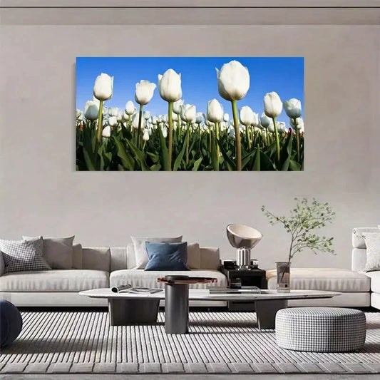 White Tulips & Blue Sky Flower Wall Art Canvas Office Home Room Framed 120x60cm