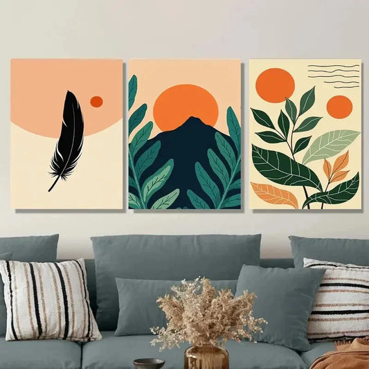 3pcs Modern Abstract Feathers, Leaves Metal Print Ready to Hang Art