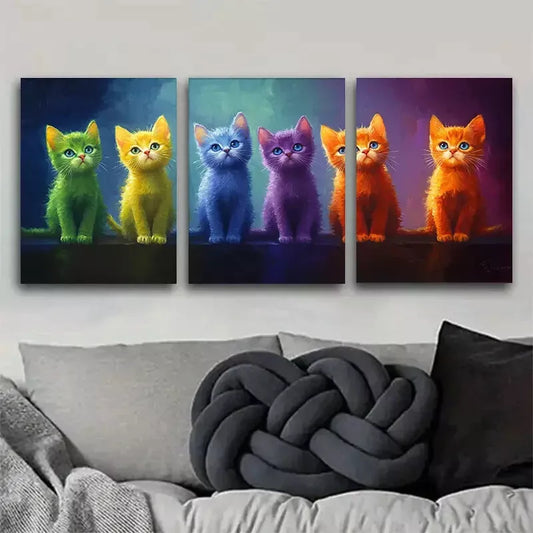 3pcs Cute Rainbow Kitten with big bright eyes Wall Art Set Canvas Framed 40x60cm - High Quality Print 100% Australian Made Wall Canvas Ready to Hang