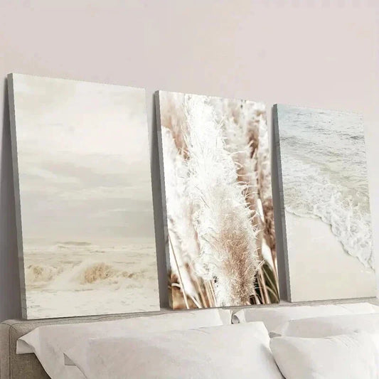 3pcs Coastal Reed Botanical Landscape Wall Art Set Canvas Framed 40x60cm - High Quality Print 100% Australian Made Wall Canvas Ready to Hang