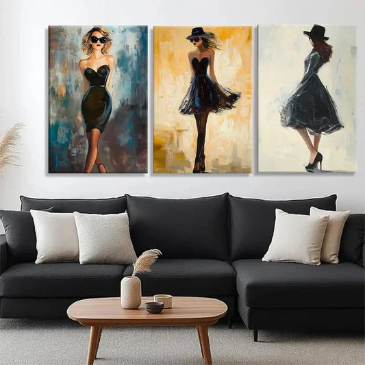 3pcs Women Black Dresses Glasses & Hats Perfect Wall Art Set Canvas Framed 40x60cm - High Quality Print 100% Australian Made Wall Canvas Ready to Hang