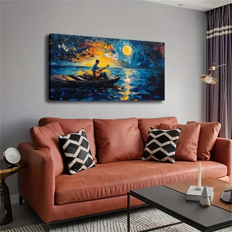 Guitarist Under Starry Night Wall Art Canvas Office Home Room Framed 120x60cm