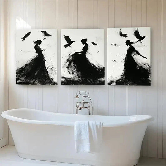 3pcs Silhouettes with Birds and Flowing Perfect Wall Art Set Canvas Framed 40x60cm - High Quality Print 100% Australian Made Wall Canvas Ready to Hang