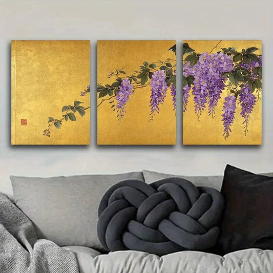 3pcs s Golden foil floral wisteria Metal Print Ready to Hang Art