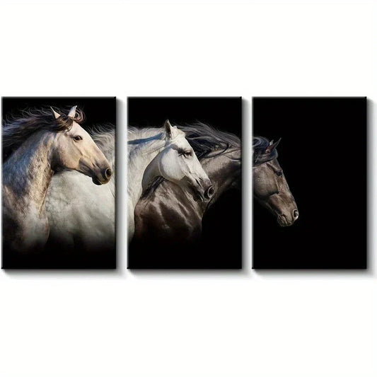 3pcs Black & White Horses Animals Wildlife Metal Print Ready to Hang Art