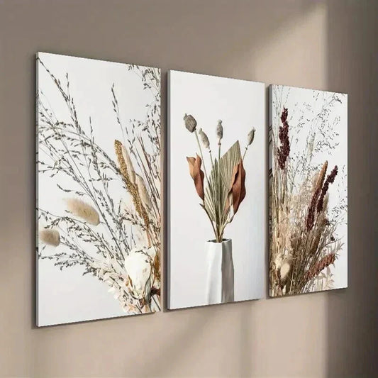 3pcs Flower Art in a Vase Dried Flowers Wall Art Set Canvas Framed 40x60cm - High Quality Print 100% Australian Made Wall Canvas Ready to Hang