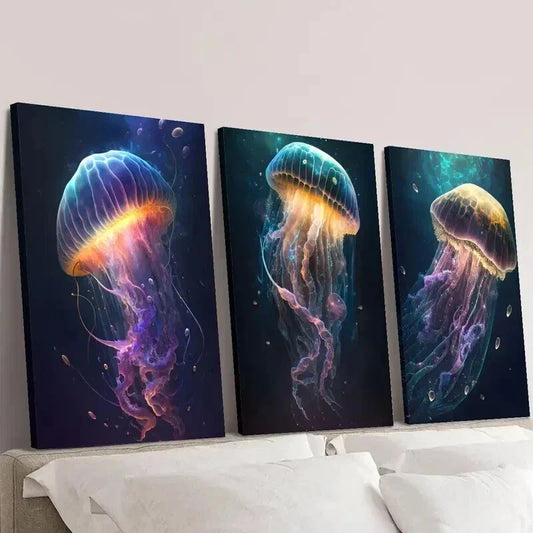 3pcs Vibrant Galaxy Jellyfish Sea Life Wall Art Set Canvas Framed 40x60cm - High Quality Print 100% Australian Made Wall Canvas Ready to Hang