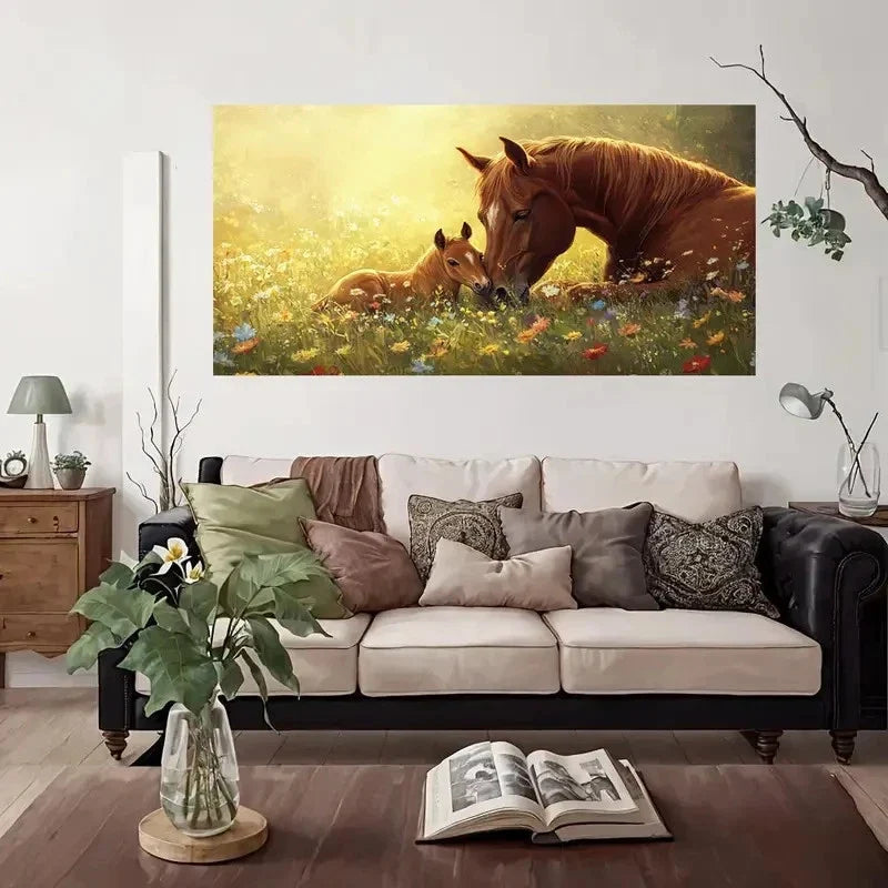Horse Family Wildflower Field Wall Art Canvas Office Home Room Framed 80x45cm
