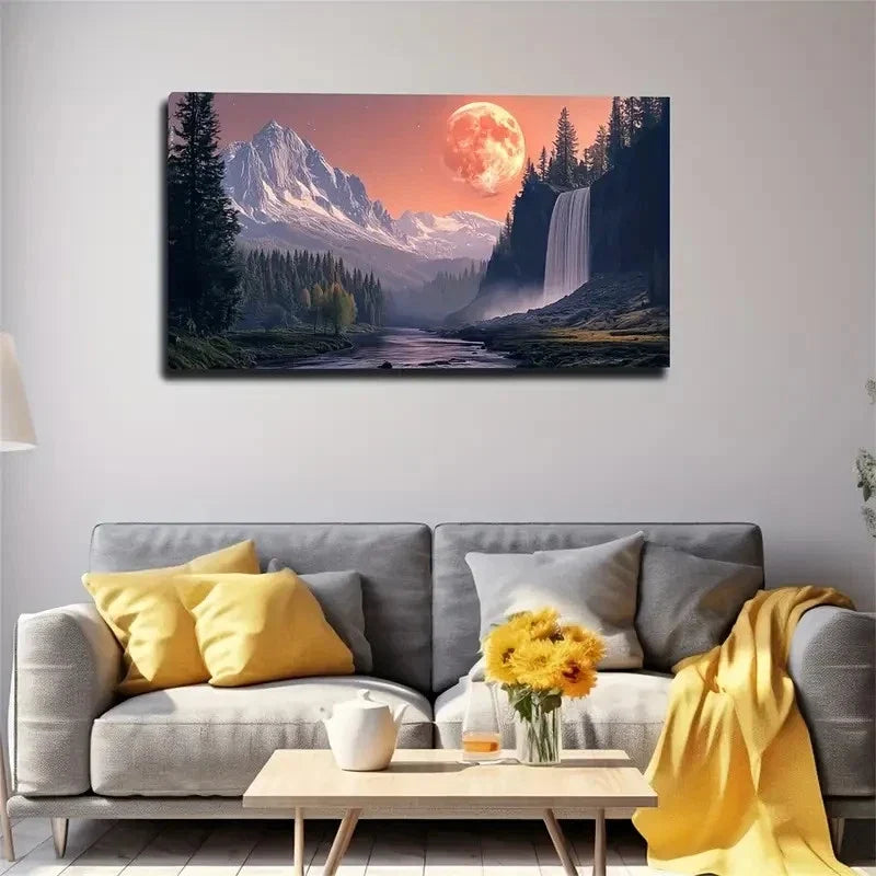 Serene Mountain River With Moon Wall Art Canvas Office Home Room Framed 120x60cm
