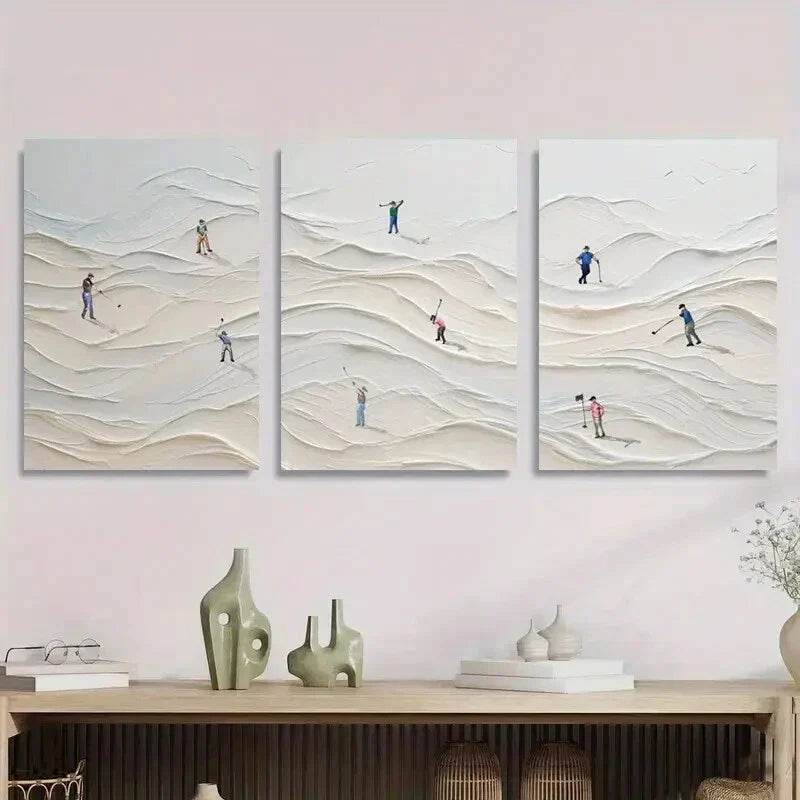 3pcs Golf Course Scene Sand with Golf Players Metal Print Ready to Hang Art
