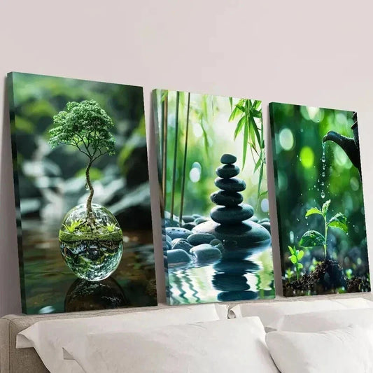 3pcs Tree Stacked Stones & Sapling Watering Wall Art Set Canvas Framed 40x60cm - High Quality Print 100% Australian Made Wall Canvas Ready to Hang