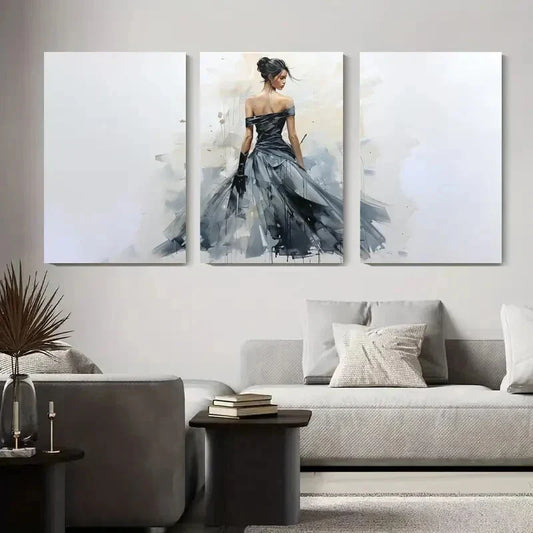 3pcs Abstract Woman in Black Dress Elegant Metal Print Ready to Hang Art
