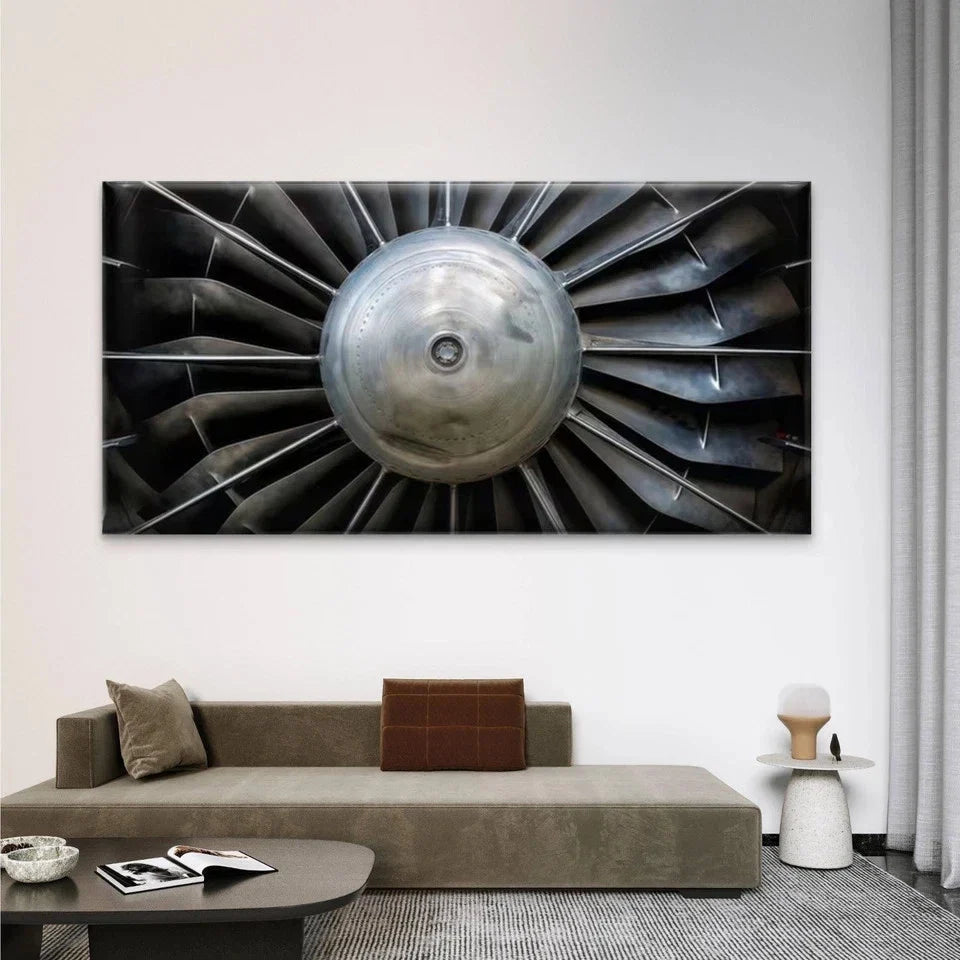 Metallic Jet Engine Turbine Wall Art Canvas Office Home Room Framed 80x45cm