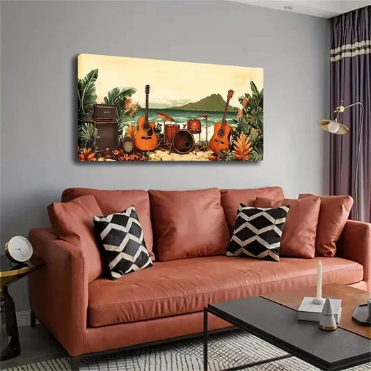 Tropical Beach Music Party Wall Art Canvas Office Home Room Framed 80x45cm