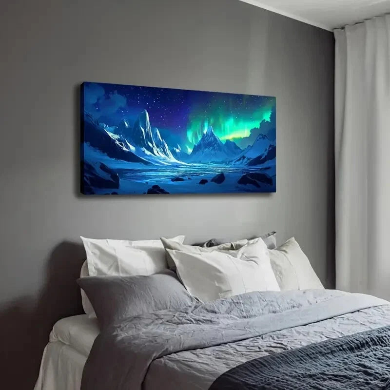 Vibrant Northern Lights & Snow Wall Art Canvas Office Home Room Framed 120x60cm