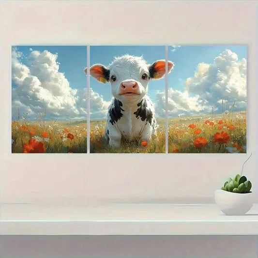 3pcs Floral Meadow Scene with Blue Sky & White Metal Print Ready to Hang Art