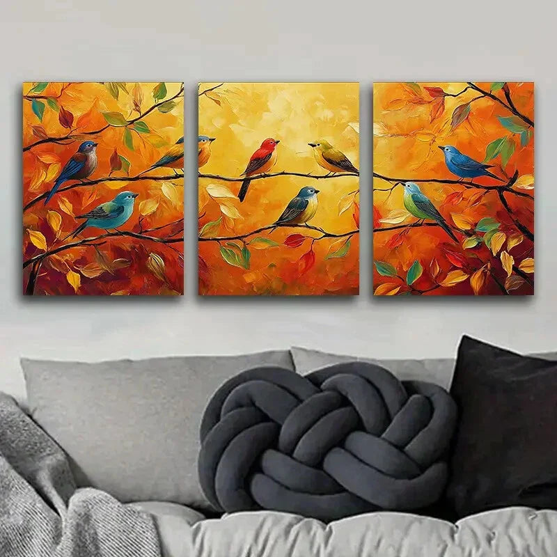 3pcs Birds on Branches & Leaves Design Perfect Wall Art Set Canvas Framed 40x60cm - High Quality Print 100% Australian Made Wall Canvas Ready to Hang