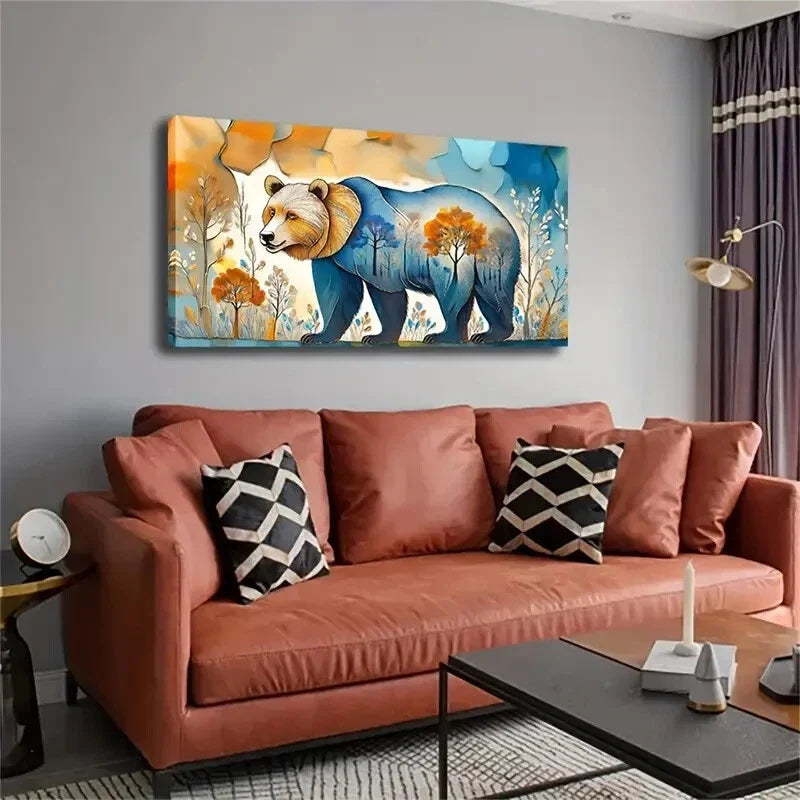 Abstract Brown Bear with Forest Wall Art Canvas Office Home Room Framed 120x60cm