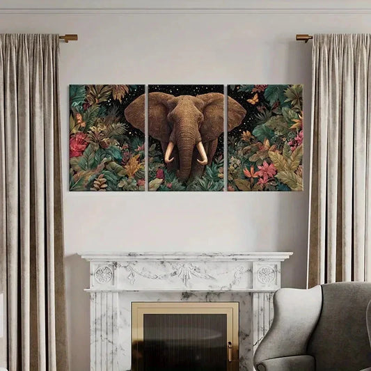 3pcs Elephant Jungle Theme Floral Surroundings Metal Print Ready to Hang Art