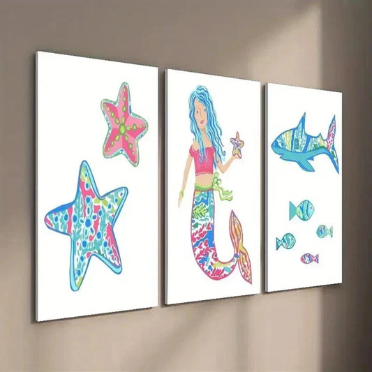 3pcs Cartoon Starfish Mermaid & Shark Wall Art Set Canvas Framed 40x60cm - High Quality Print 100% Australian Made Wall Canvas Ready to Hang