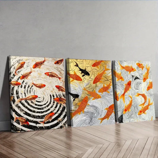 3pcs Goldfish Vortex Design Orange Perfect Wall Art Set Canvas Framed 40x60cm - High Quality Print 100% Australian Made Wall Canvas Ready to Hang