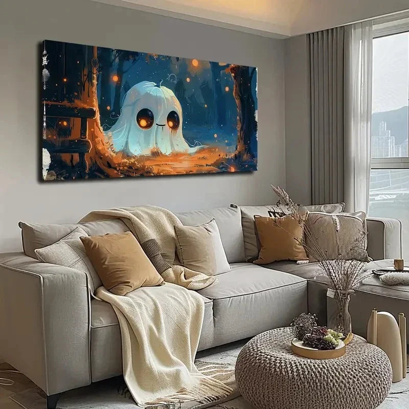 Cute White & Pumpkin Ghosts Wall Art Canvas Office Home Room Framed 120x60cm