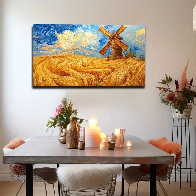 Windmills And Wheat Fields Wall Art Canvas Office Home Room Framed 120x60cm