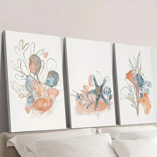 3pcs Abstract Seashell Coral Seaweed Wall Art Set Canvas Framed 40x60cm - High Quality Print 100% Australian Made Wall Canvas Ready to Hang