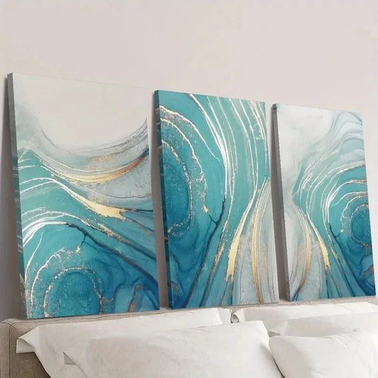 3pcs Beautiful Blue Golden Beach Fluid Wall Art Set Canvas Framed 40x60cm - High Quality Print 100% Australian Made Wall Canvas Ready to Hang
