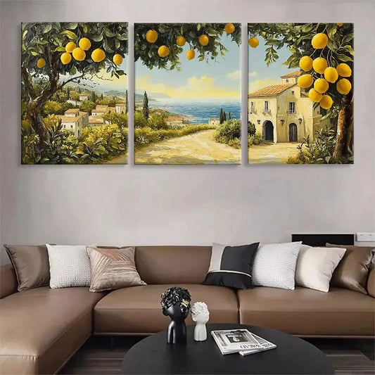 3pcs Mediterranean Landscape Lemon Tree Perfect Wall Art Set Canvas Framed 40x60cm - High Quality Print 100% Australian Made Wall Canvas Ready to Hang