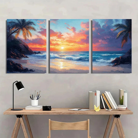 3pcs Tropical Beach Sunset Vibrant Palm Tree Metal Print Ready to Hang Art