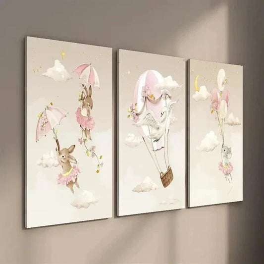 3pcs Swan Rabbit & Mouse on Hot Air Balloon Wall Art Set Canvas Framed 40x60cm - High Quality Print 100% Australian Made Wall Canvas Ready to Hang