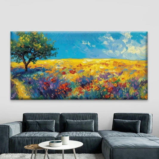 Colorful Meadow & Tree Field Wall Art Canvas Office Home Room Framed 80x45cm