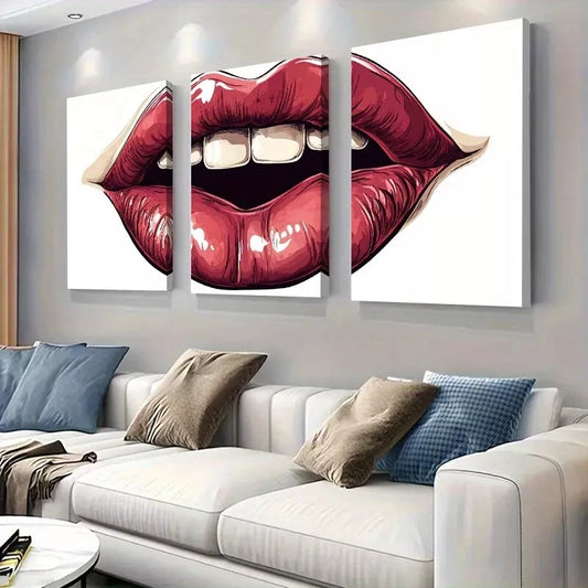 3pcs Trendy Fashion Modern Pop Art Bold Red Lips Wall Art Set Canvas Framed 40x60cm - High Quality Print 100% Australian Made Wall Canvas Ready to Hang