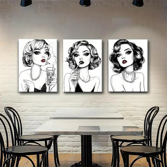 3pcs Vintage Glamour Fashionable Woman Perfect Wall Art Set Canvas Framed 40x60cm - High Quality Print 100% Australian Made Wall Canvas Ready to Hang